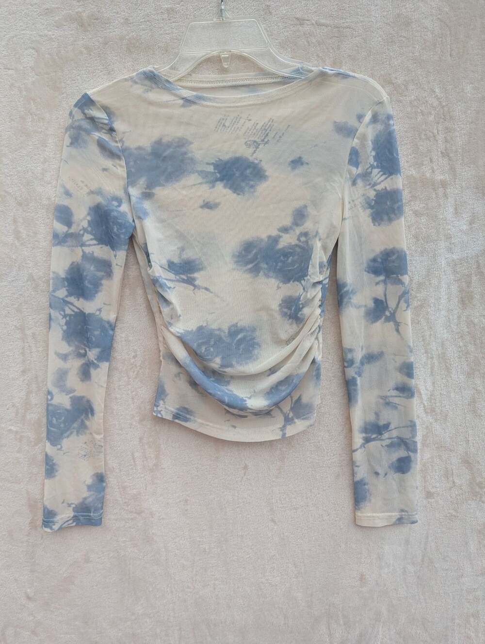 Dazy Blue and White Floral Print Sheer Mesh Long Sleeve Crop Top